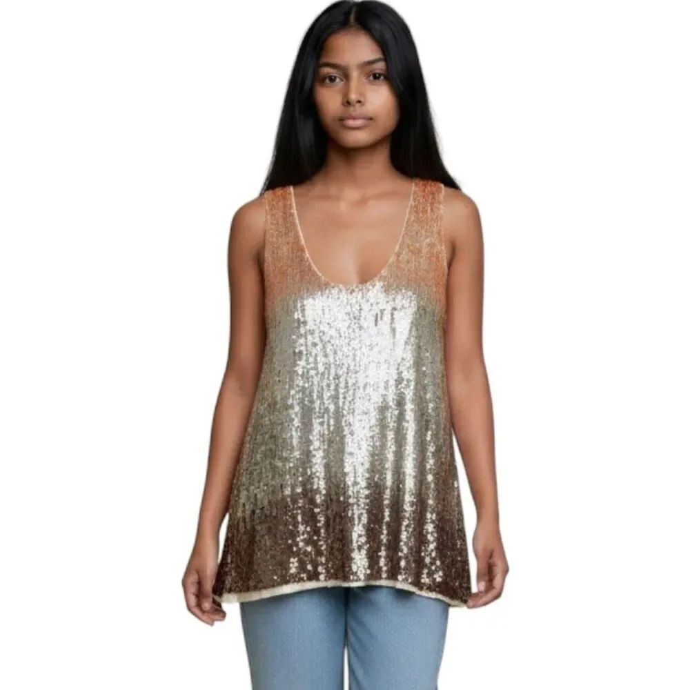 T-Bags Los Angeles Ombre Sequin Tank Top Rose Gold Silver Gradient Size Small